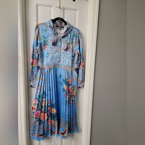 Dalia MacPhee Pleated Floral‎ Long Sleeve Midi Dress Blue Print Size L